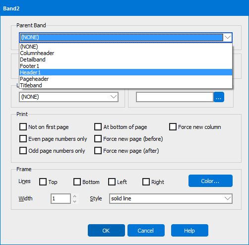 Child band options dialog. Header one has been selected as the parent band.